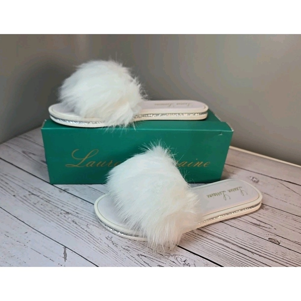 Lauren Lorraine Fluffy White Faux Fur Flat Slides Sandals Slippers Womens L (10)